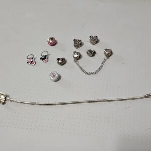 Silver Charm Bracelet Set with Pink Accents